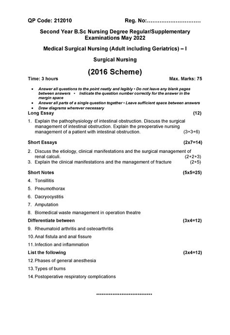 212010 - Previous Questions second Year Bsc Nursing - QP Code: 212010 ...