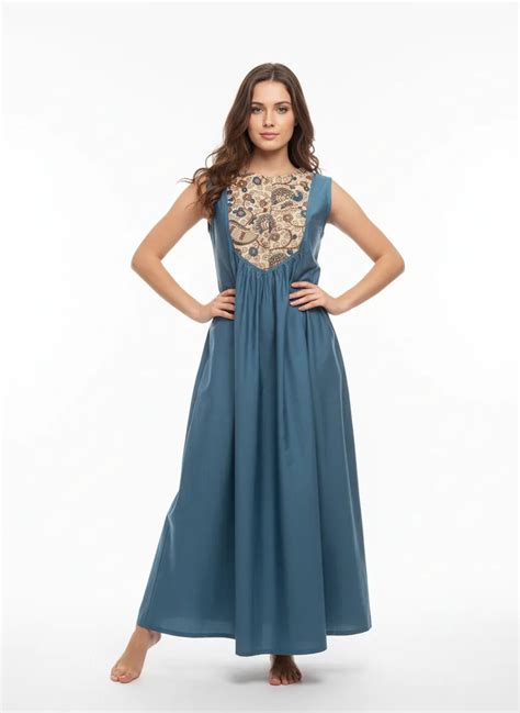 Teal Cotton Sleeveless Nightdress with Kalamkari Patch Yoke & Pockets ...