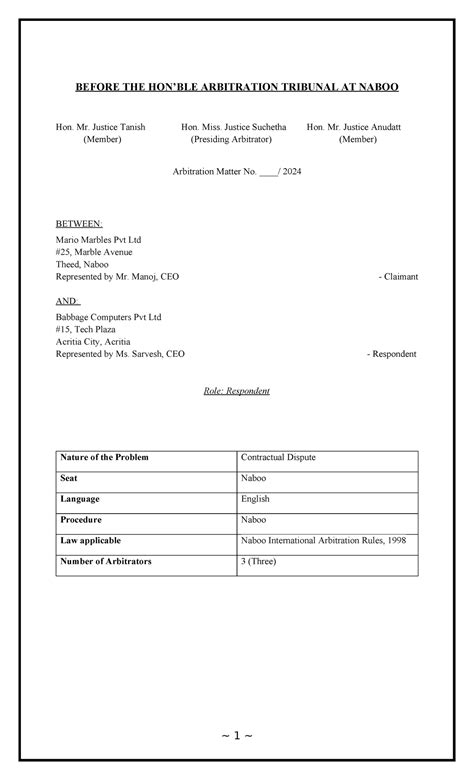 Statement of Defence - BEFORE THE HON’BLE ARBITRATION TRIBUNAL AT NABOO ...