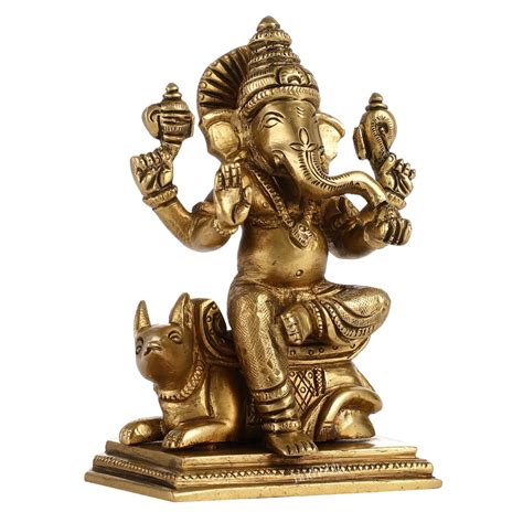 Buy Brass Ganesha sitting on mouse idol 5" - Budhshiv.com
