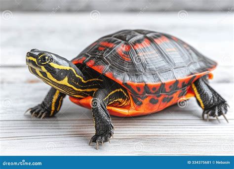 Close-Up of Eastern Painted Turtle on Wooden Surface Capturing Detailed ...