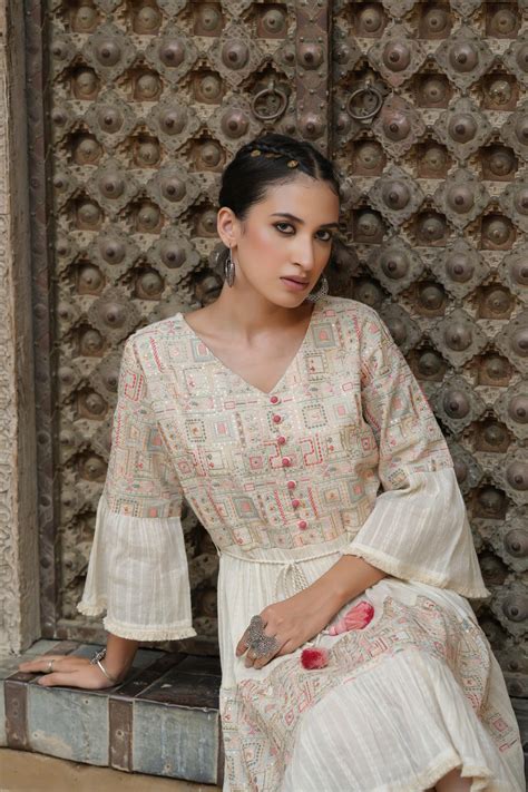 Shop Offwhite Cotton Dobby Woven Design Fit & Flared Midi Dress With ...