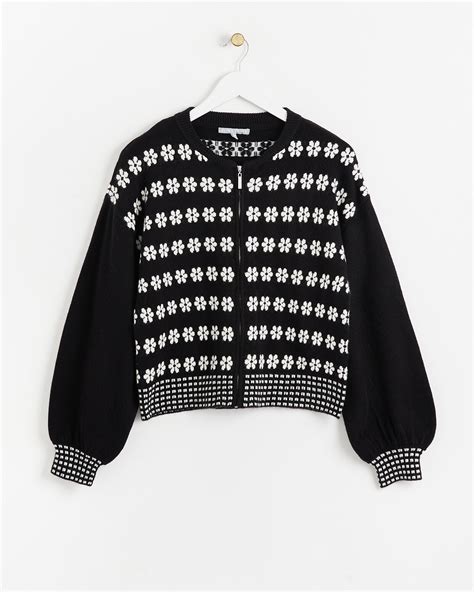 Flower Whisper Black Knitted Bomber Jacket | Oliver Bonas