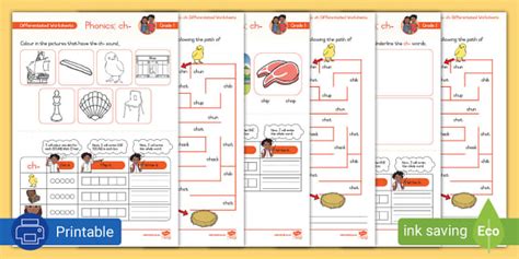 Grade 1 Phonics: ch- Differentiated Worksheets