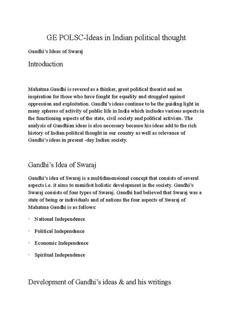 GE Polsc - Ideas of Swaraj: Mahatma Gandhi's Vision for India - Studocu