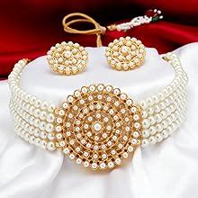 Sukkhi Lavish Gold Plated White Pearl Choker Necklace Set with Stud ...