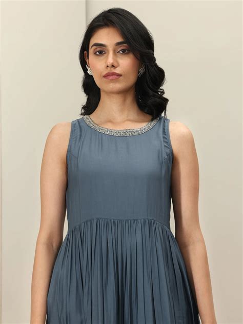 Buy Grey Solid Silk Blend Anarkali Suit Sets With Dupatta Online at Rs ...