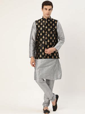 Buy SOJANYA Silk Blend Grey Kurta And Pyjama & Black Nehru Jacket (Set ...