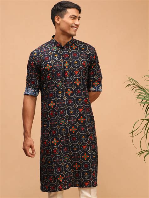 VASTRAMAY Men Navy Blue & Yellow Ethnic Motifs Cotton Printed Kurta ...