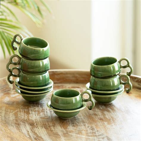 ExclusiveLane 'Jade Forest' Ceramic Cups and Saucers Set of 6 (120 ML ...