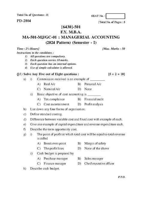M.B.A. MANAGERIAL ACCOUNTING (2024 Pattern) Final Exam Guide - Studocu