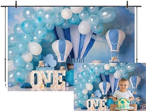 Boy One Birthday Party Backdrop Blue White Hot Air Balloon Little Bear ...