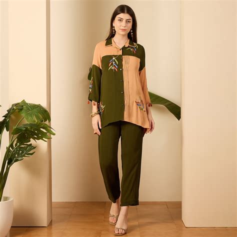 Green and Beige Patched Hand Embroi… | First Resort by Ramola Bachchan