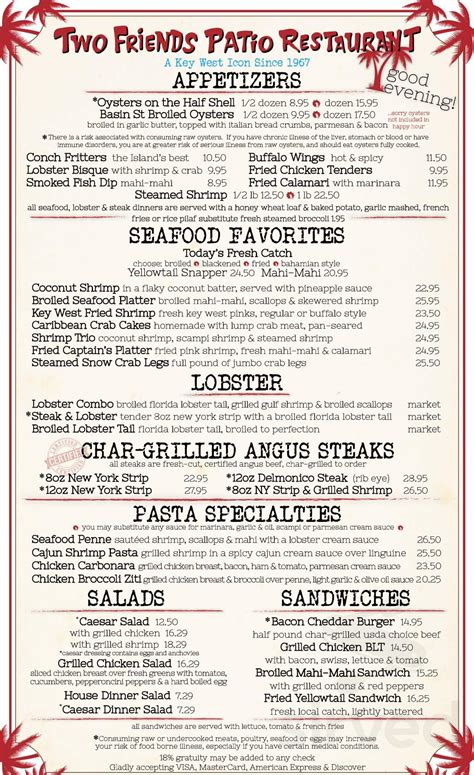 Two Friends Patio Restaurant menu in Key West, Florida, USA
