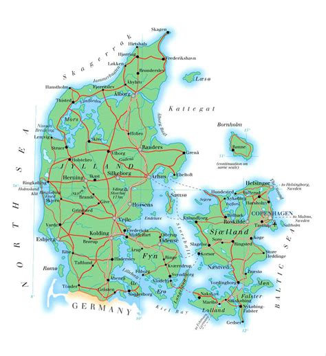 Detailed physical map of Denmark with roads, cities and airports ...