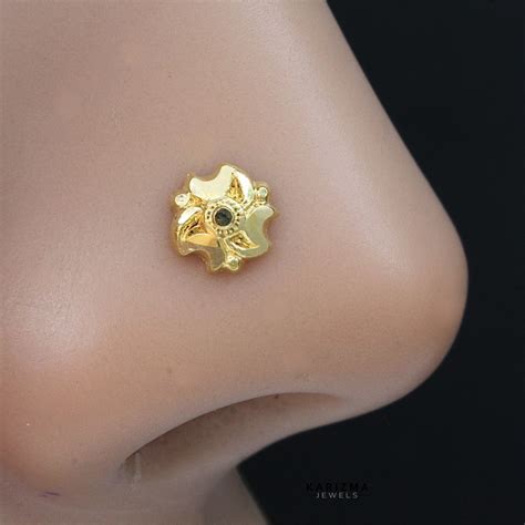 18K Real Gold Indian Designer Women Nose stud nose ring Push Pin ...