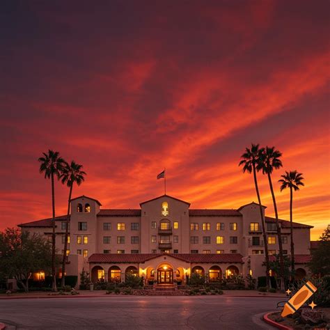 Spanish Colonial hotel glowing under blood-red desert sunset on Craiyon