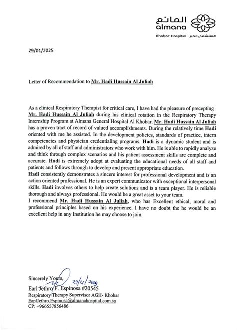 I’m thrilled to receive a recommendation letter from Mr. Earl Jethro ,The Respiratory Therapy ...