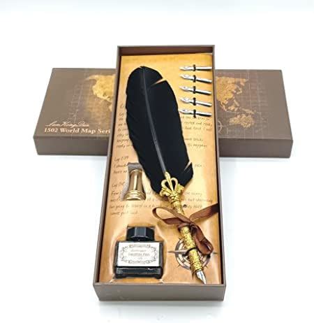 GOLD LEAF Feather Pen Quill Pen and Ink Set Antique Calligraphy Pen Ink ...
