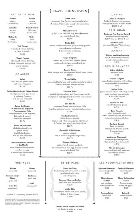 Menu at Bouchon at The Venetian restaurant, Las Vegas