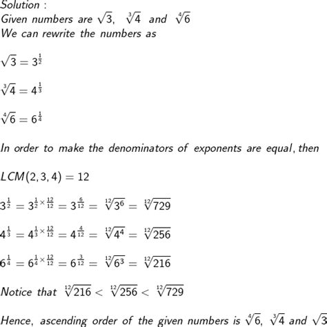 Arrange in ascending order: root 3, 3root 4, 4root 6 Number Systems ...
