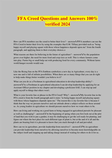 FFA Creed Questions and Answers 100% verified 2024 - FFA - Stuvia US