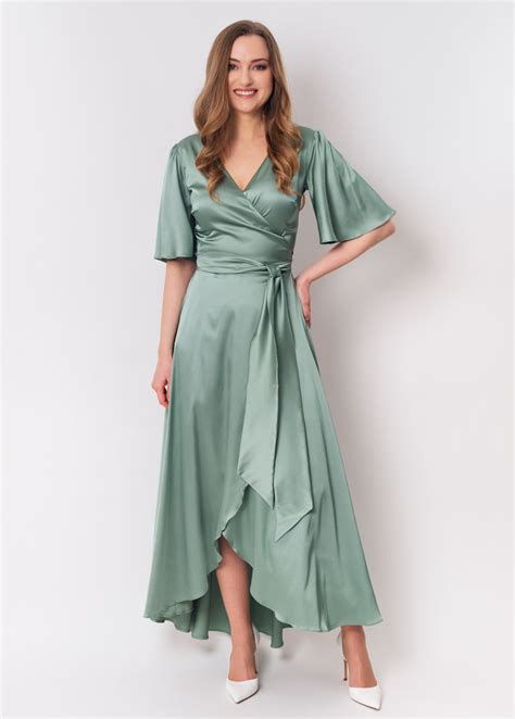 Sage green silk satin long wrap dress, silk dress, wrap dress ...