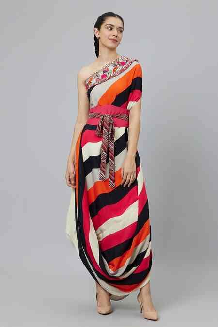 Buy Multi Color Crepe Printed Stripe Sahar One Shoulder Cowl Dress With ...