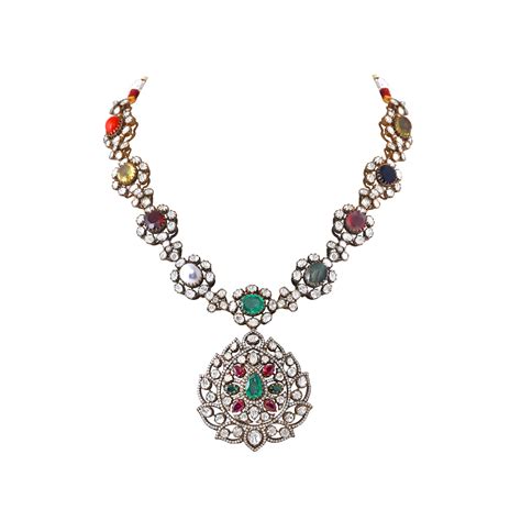Silver Navaratna Polki Pattern Necklace with CZ Floral Medallion ...