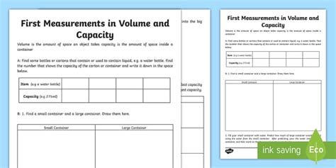 First Measurements in Volume and Capacity Worksheet / Worksheet