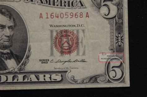 1963 Us Red Seal $5 Dollar Note Bill