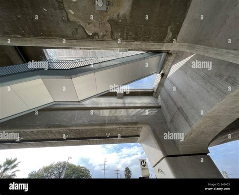 LOS ANGELES, CA, NOV 2022: looking up at concrete architecture ...