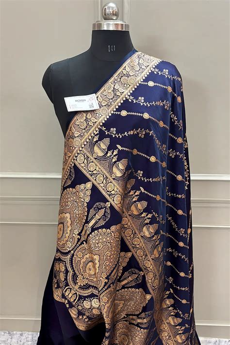 Navy Blue Sunehri Lehar Katan Silk Banarasi Saree – Mohsin Textiles
