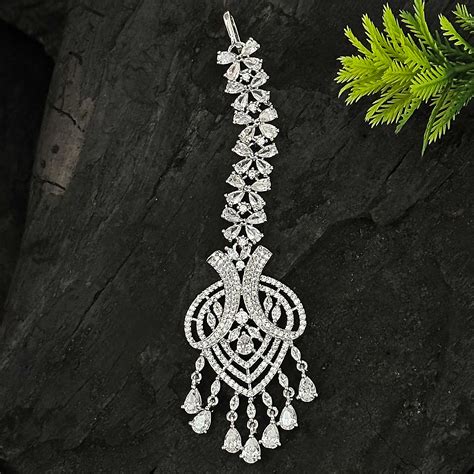 Rhodium Silver Plated Flower Maang Tikka | American Diamond Party Wear ...