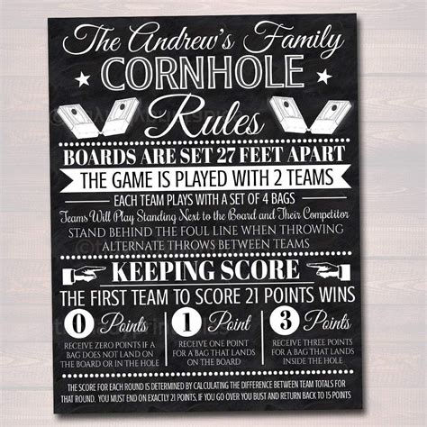Cornhole rules sign family outdoor games bag toss tournament yard sign ...