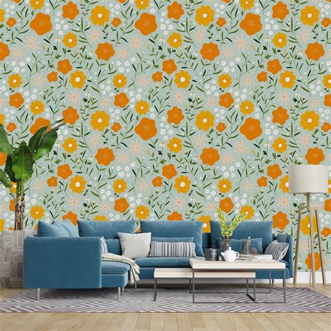 Modern Orange Color Floral wallpaper for living rooms – Paper Plane Design