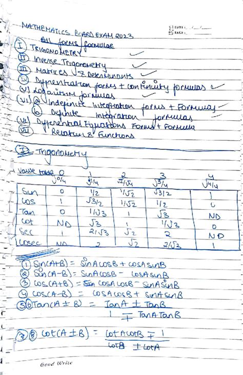 MATHEMATICS BOARD EXAM 2023: TRIGONOMETRY FORMULAE & INTEGRATION - Studocu