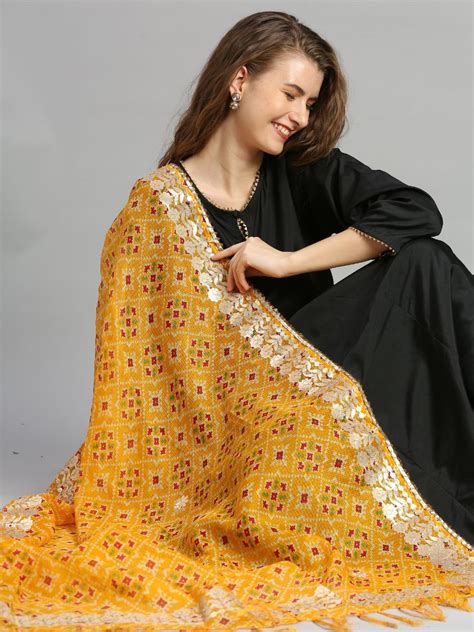Yellow Ikat Printed Kota Cotton Dupatta With Gotta Patti Border ...