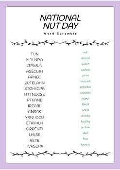 National Nut Day word scramble puzzle worksheet Activity by Miss Naina