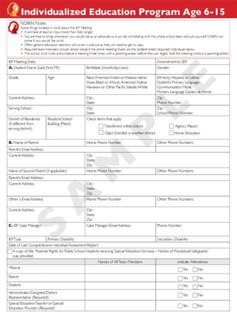 Fillable Online Sample Individualized Education Program for Age 6-15 ...