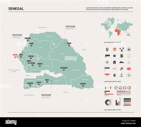 Vector map of Senegal. Country map with division, cities and capital Dakar. Political map, world ...