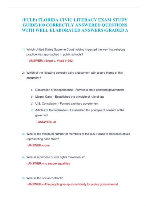 (FCLE) FLORIDA CIVIC LITERACY EXAM STUDY GUIDE/100 CORRECTLY ANSWERED ...