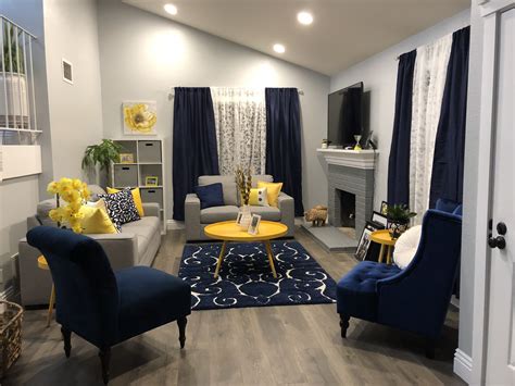 yellow blue and grey living room