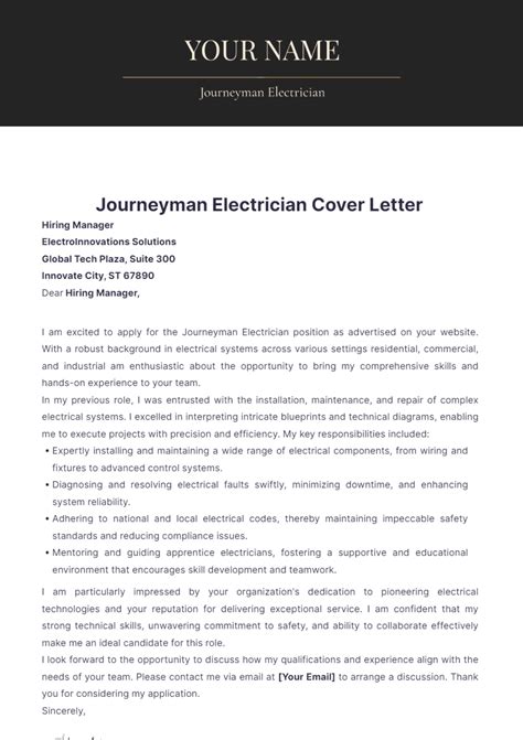 Journeyman Electrician Cover Letter