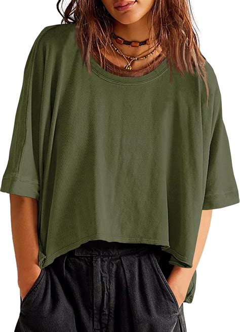 Tankaneo Womens Oversized T-Shirts Cropped Summer Casual Short Sleeve ...