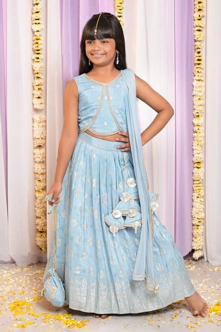 Buy Blue Silk Woven Buti Motifs Embroidered Lehenga And Top Set For ...