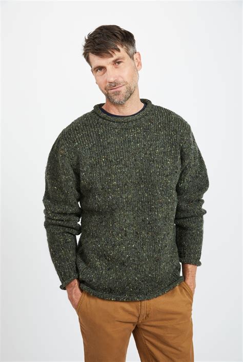 Raheen Tweed Roll Neck Mens Merino Wool Sweater - Green
