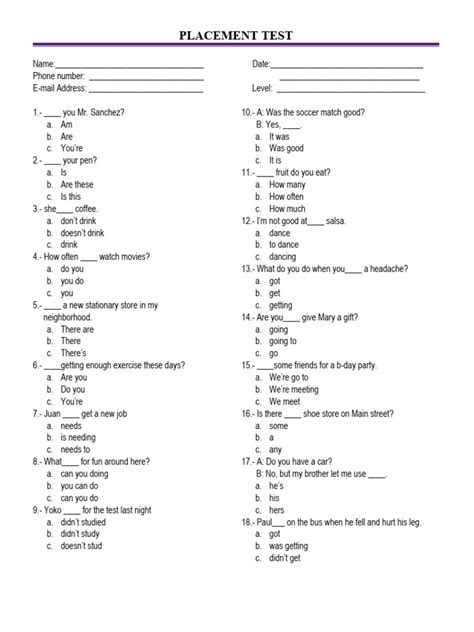 Image result for Example of Placement Test