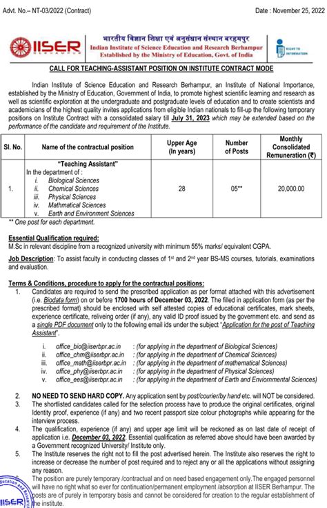 IISER Behrampur Biological Sciences Teaching Assistant Openings | Rs ...