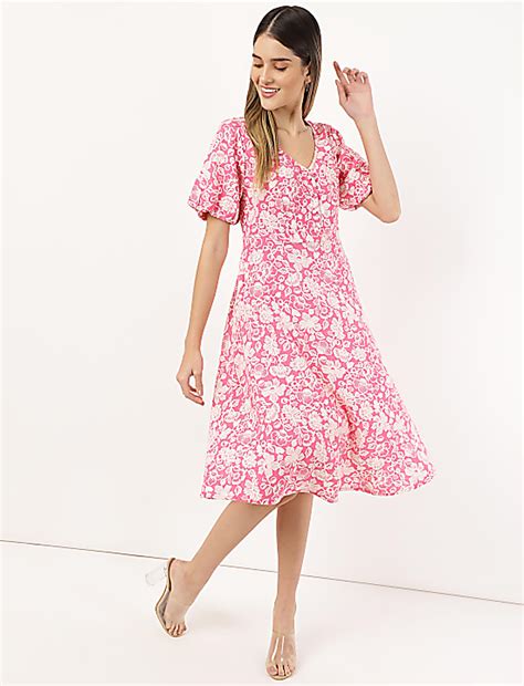Buy Linen Mix Floral V Neck Dress at Marks & Spencer
